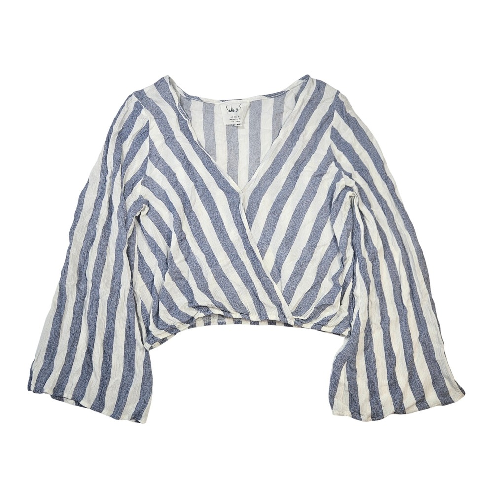 Sadie & Sage Blue White Striped Wrap Front Bell Sleeve Crop Top Womens Medium